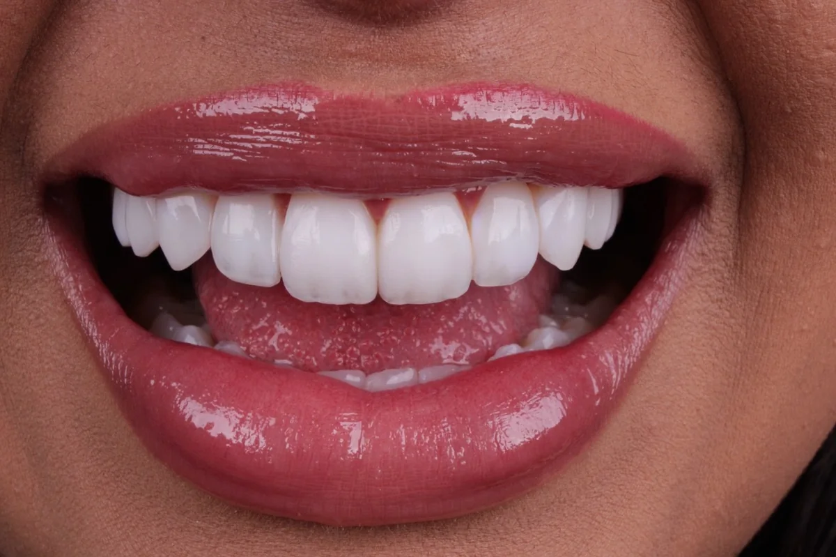 Lentes em resina claras e naturais em paciente negra